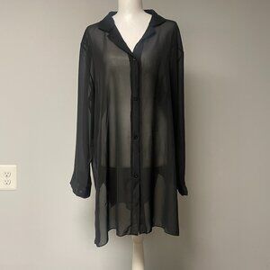 Black Long Sheer Beach Cover Up Sze Med Long Sleeves Button Up Shirt Tail Hem